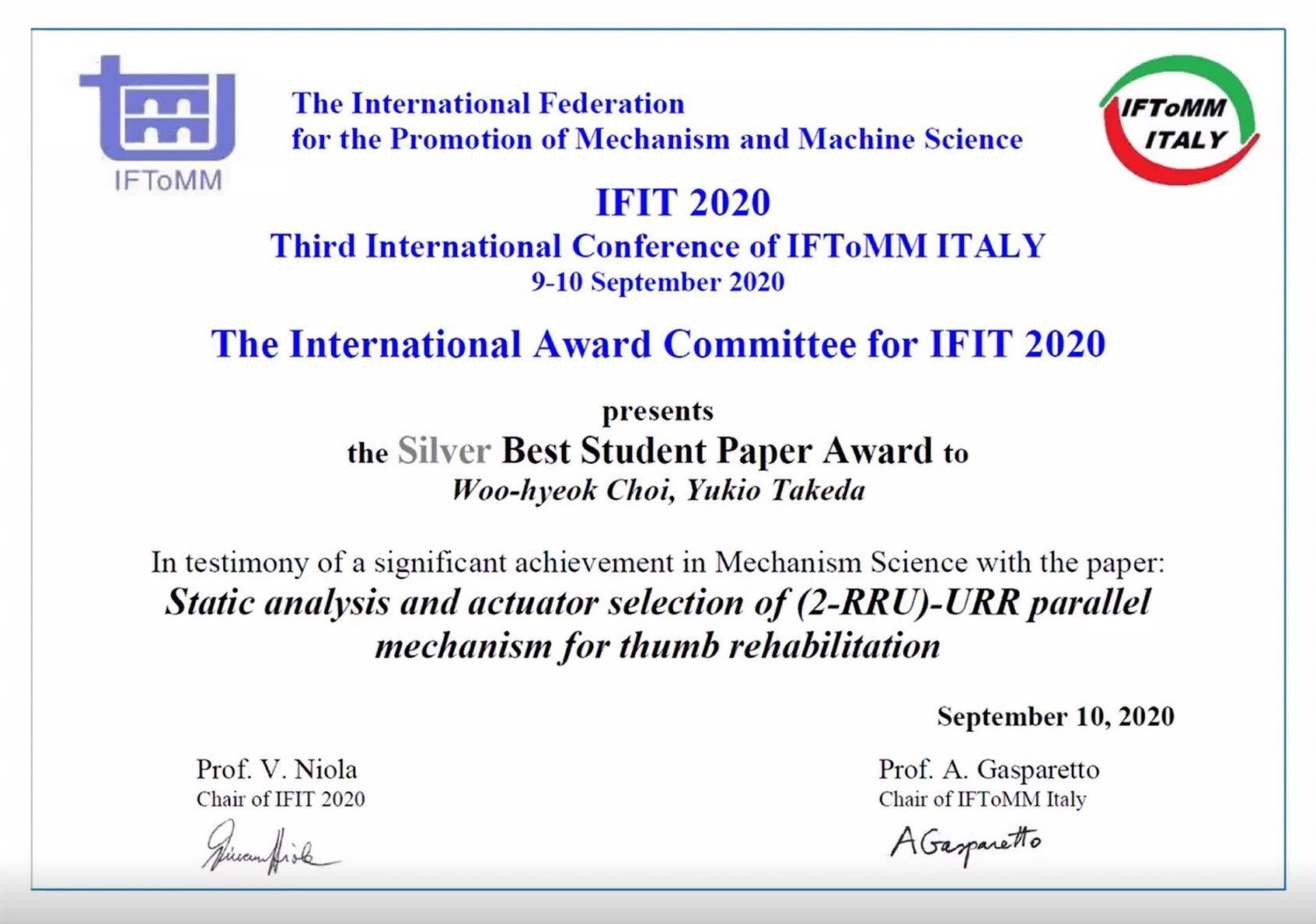 Choi Woohyeok won the Silver Best Student Paper Award at IFIT2020