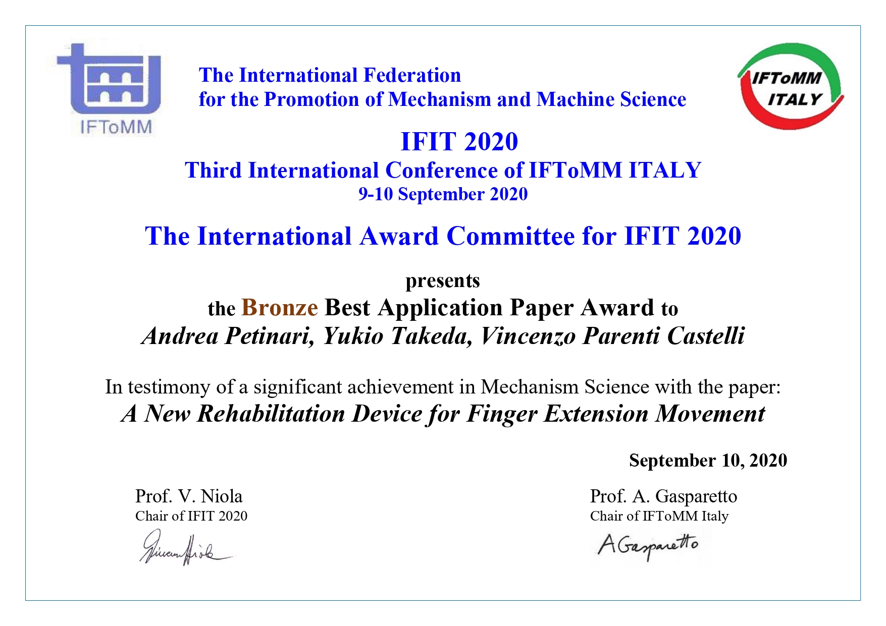 Prof. Yukio Takeda won the Bronze Best Application Paper Award at IFIT2020
