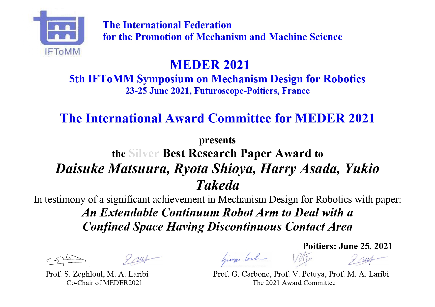 Prof. Daisuke Matsuura won the Silver Best Research Paper Award at MEDER2021